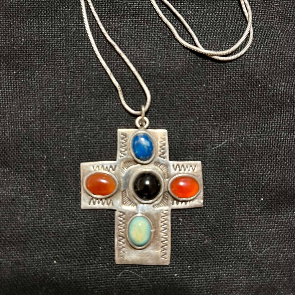 Silver and Blue Cross Pendant Necklace